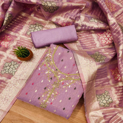Lavender Woven With Handwork Simmer Jacquard Dress Material