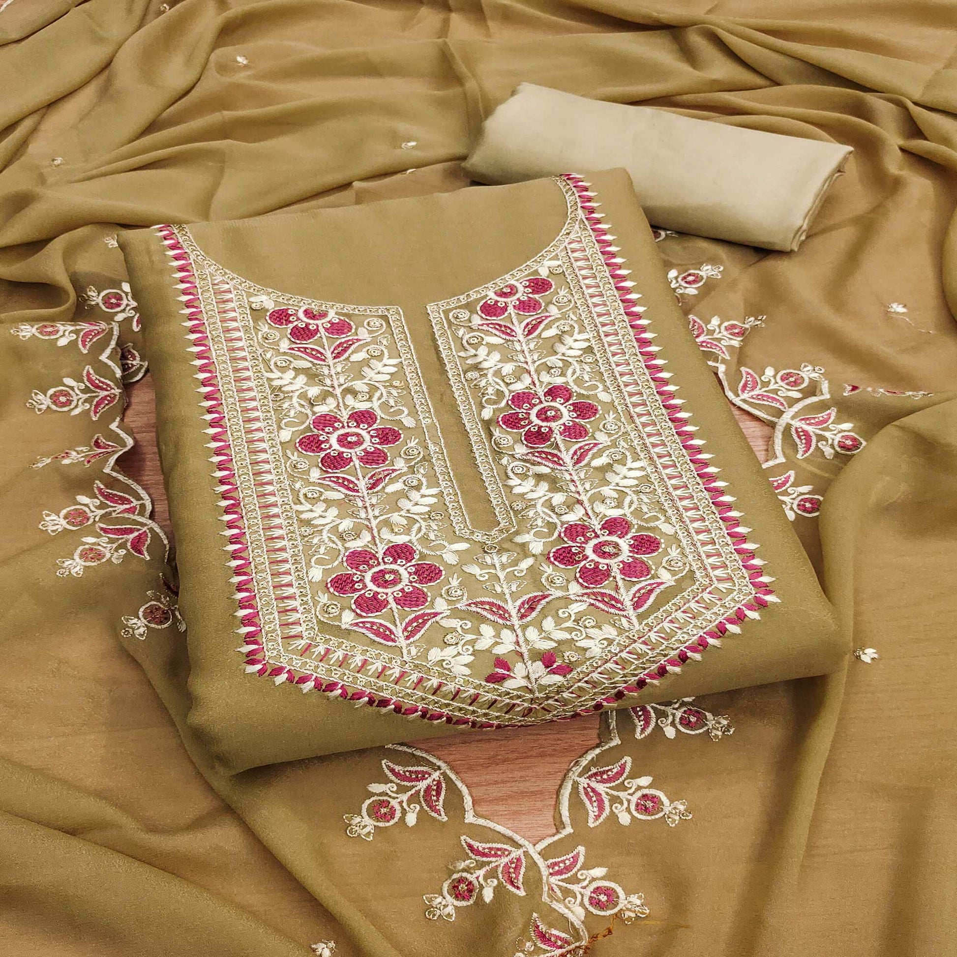 Chikoo Floral Sequins Embroidered Georgette Dress Material