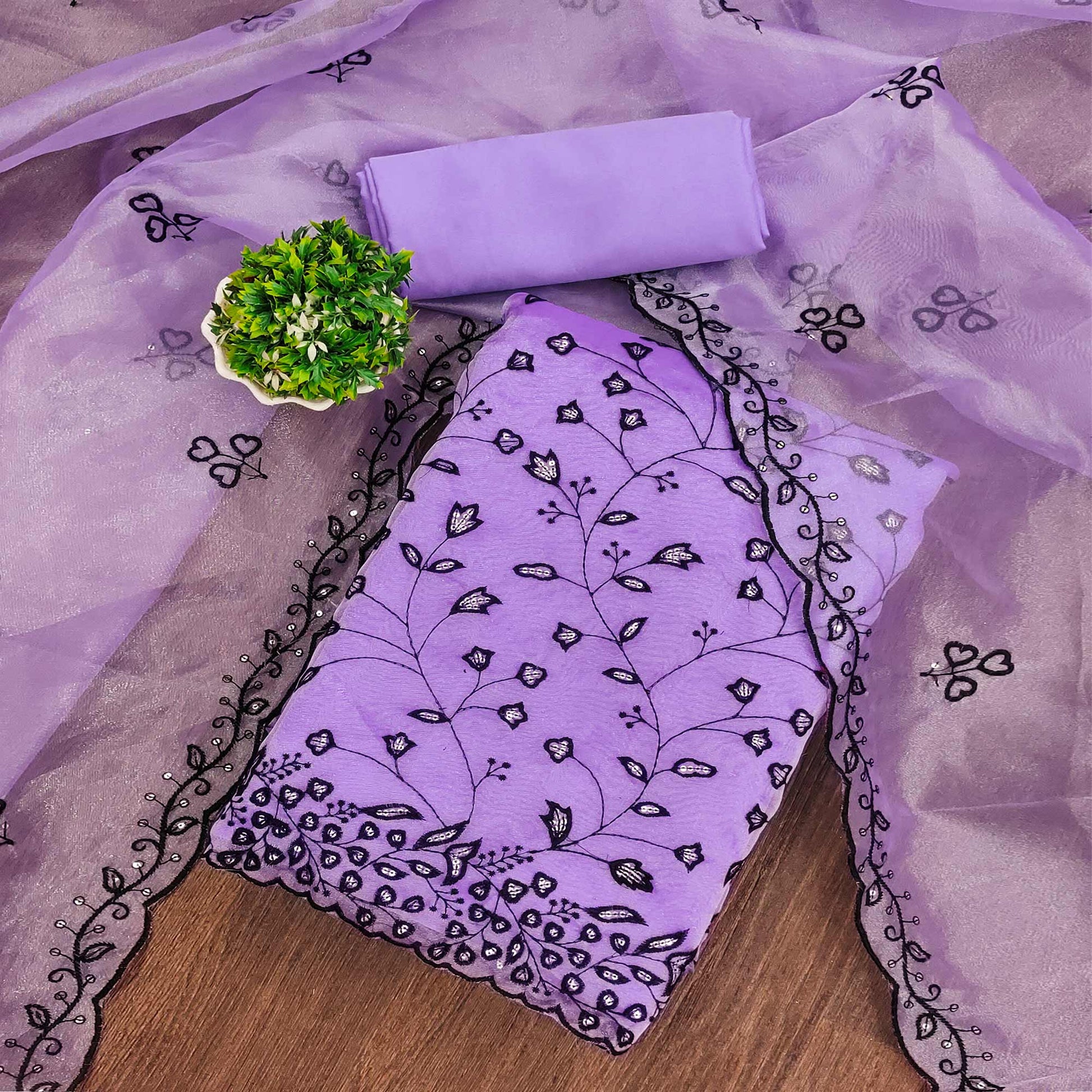 Lavender Floral Sequins Embroidered Organza Dress Material