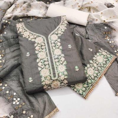grey-floral-sequins-embroidered-art-silk-dress-material-7