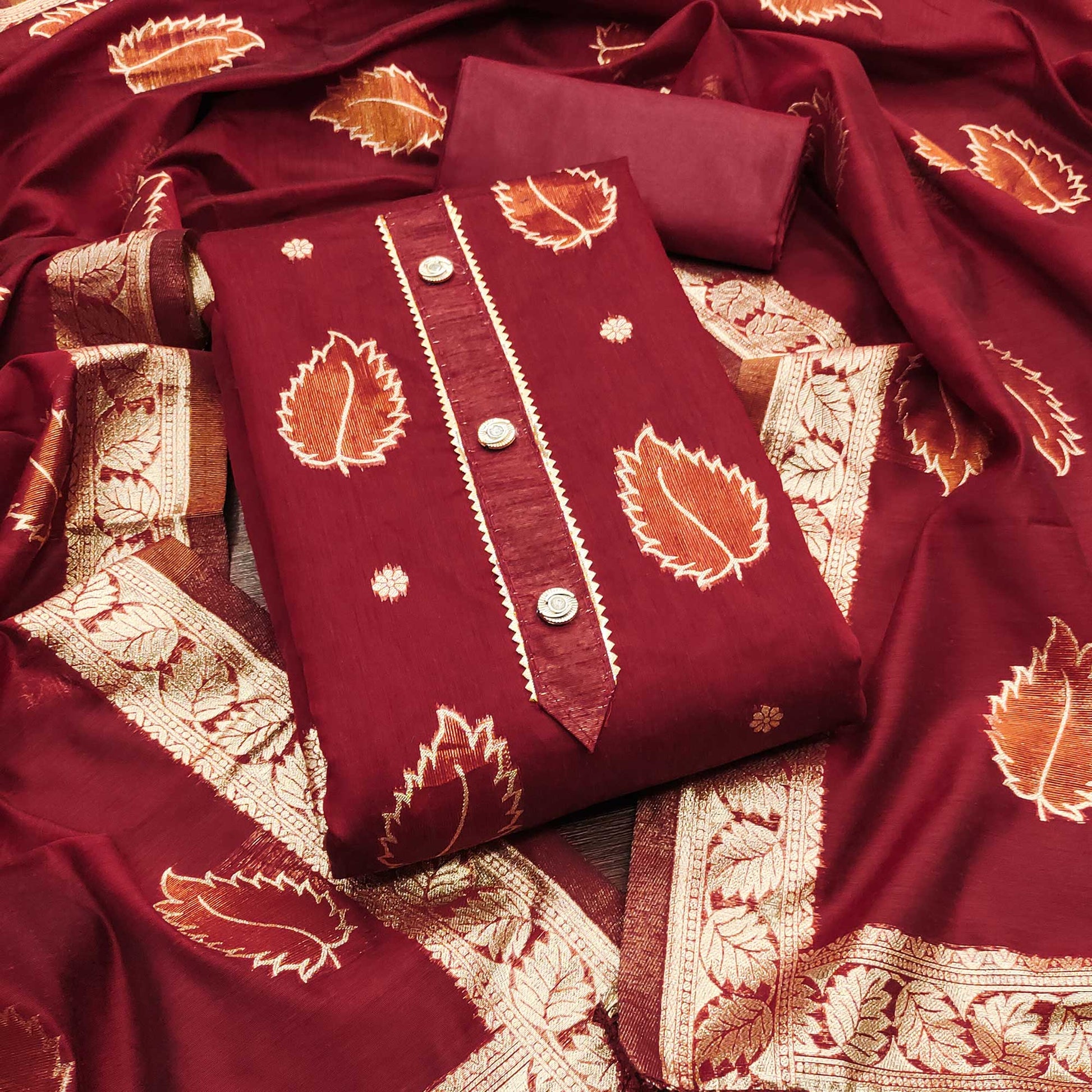 Maroon Floral Woven Shimmer Jacquard Dress Material