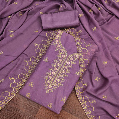 Lavender Floral Embroidered Georgette Dress Material