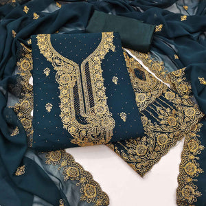 Morpich Blue Embroidered With Swarovski Work Georgette Dress Material