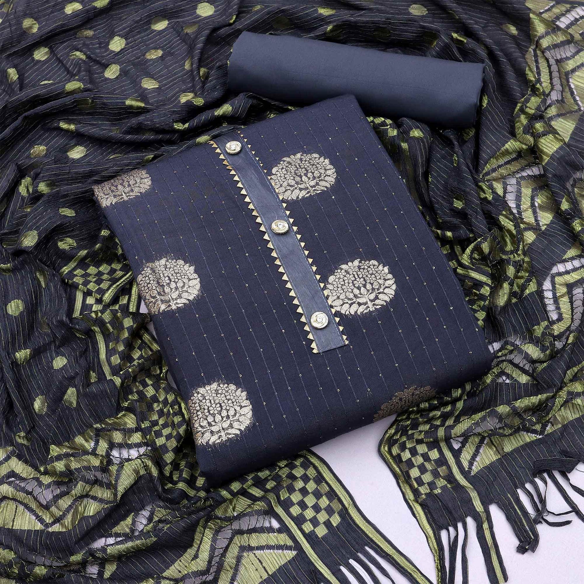 Grey Woven Jacquard Dress Material