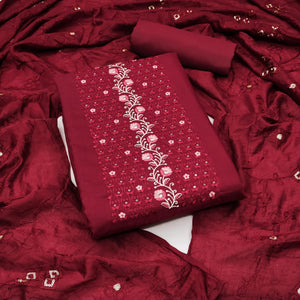 Maroon Floral Embroidered Cotton Blend Dress Material