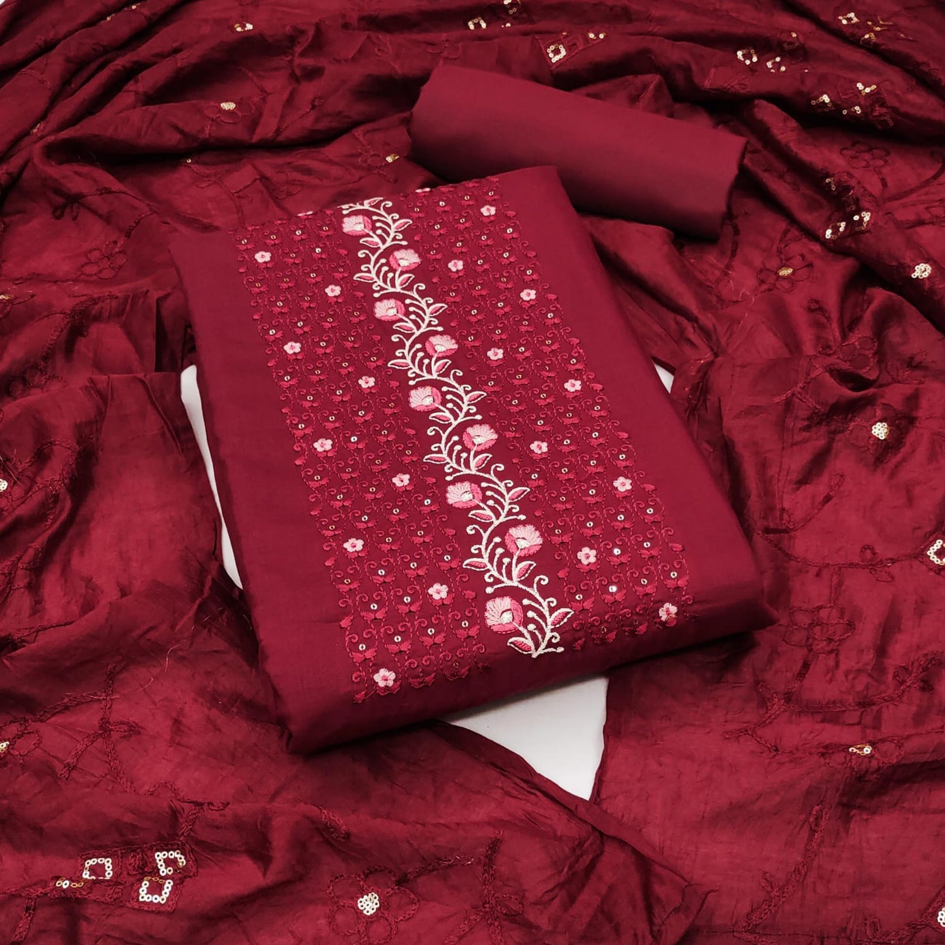 Maroon Floral Embroidered Cotton Blend Dress Material