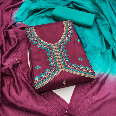 Maroon Floral Embroidered Zoya Silk Dress Material