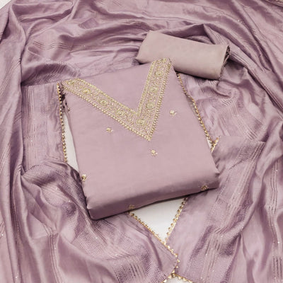Light Purple Floral Embroidered Art Silk Dress Material