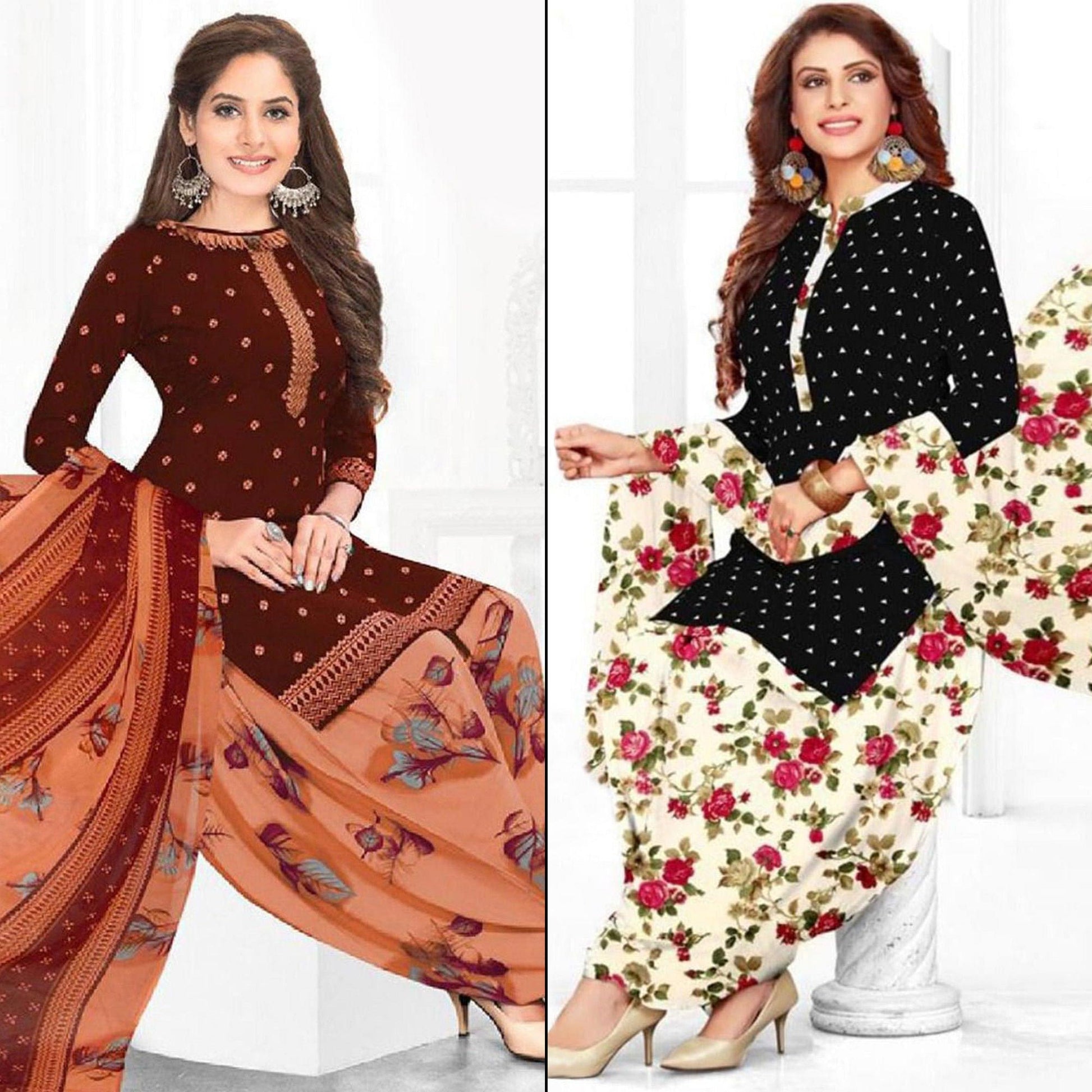 Maroon - Black Printed Leon Patiala Dress Material Pack Of 2