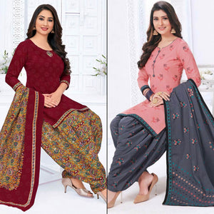Maroon And Pink Printed Crepe & Leon Patiala Dress Material Pack Of 2