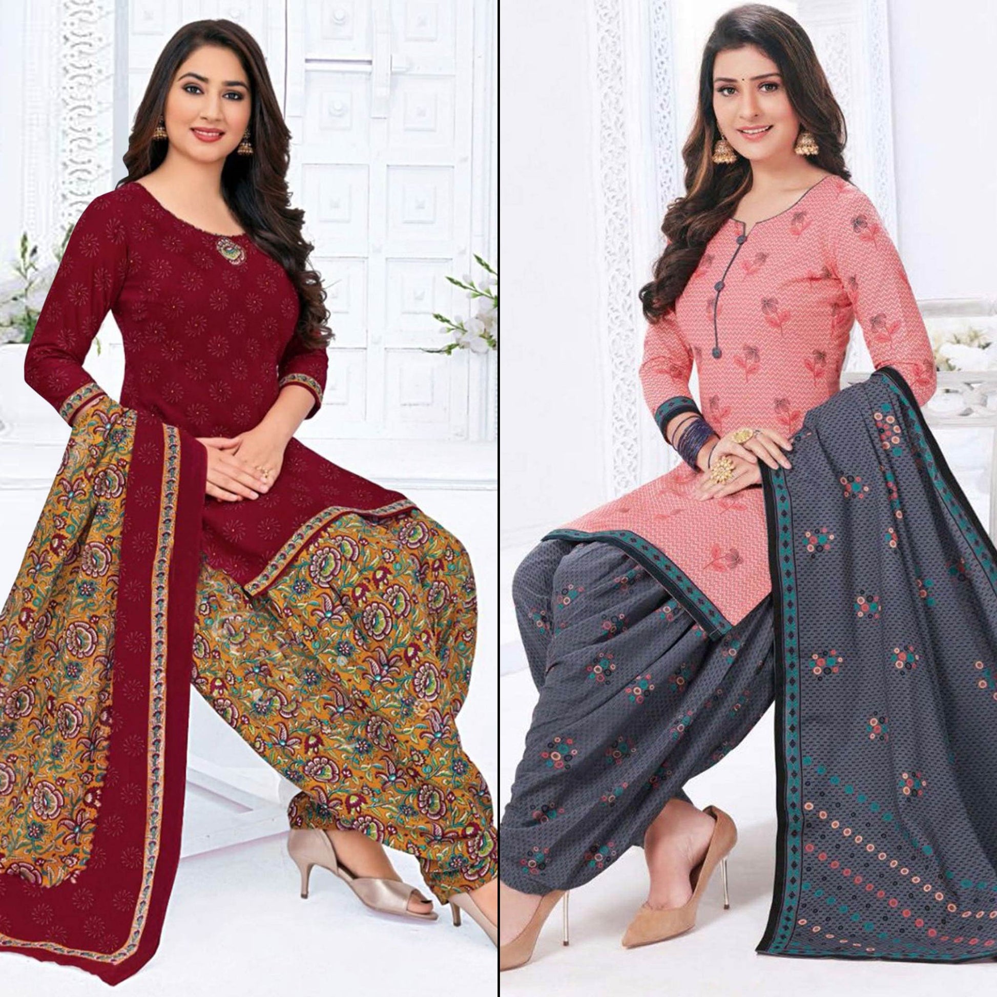Maroon And Pink Printed Crepe & Leon Patiala Dress Material Pack Of 2