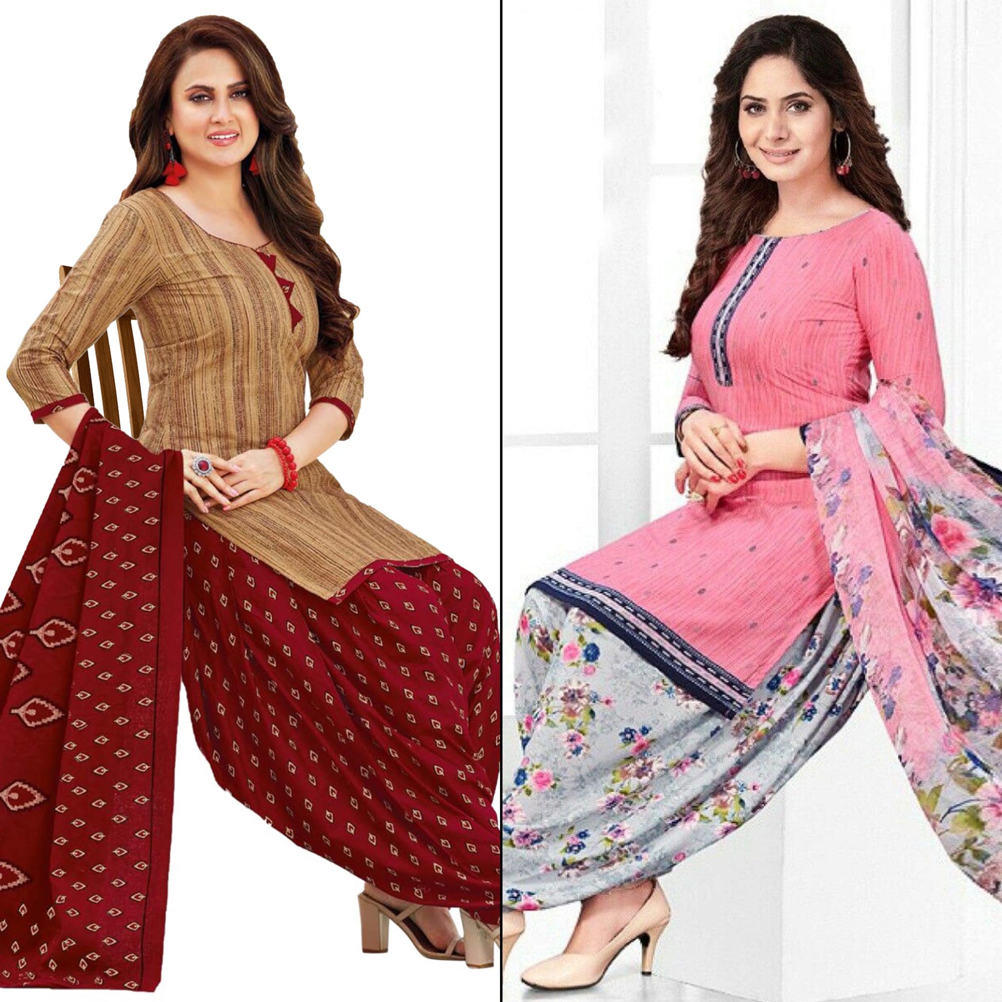 Brown And Pink Printed Crepe & Leon Patiala Dress Material Pack Of 2