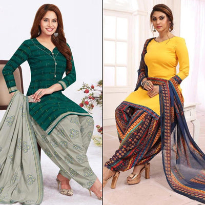 green-yellow-printed-crepe-leon-patiala-dress-material-pack-of-2