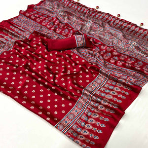 Maroon Ajrakh Printed Satin Saree