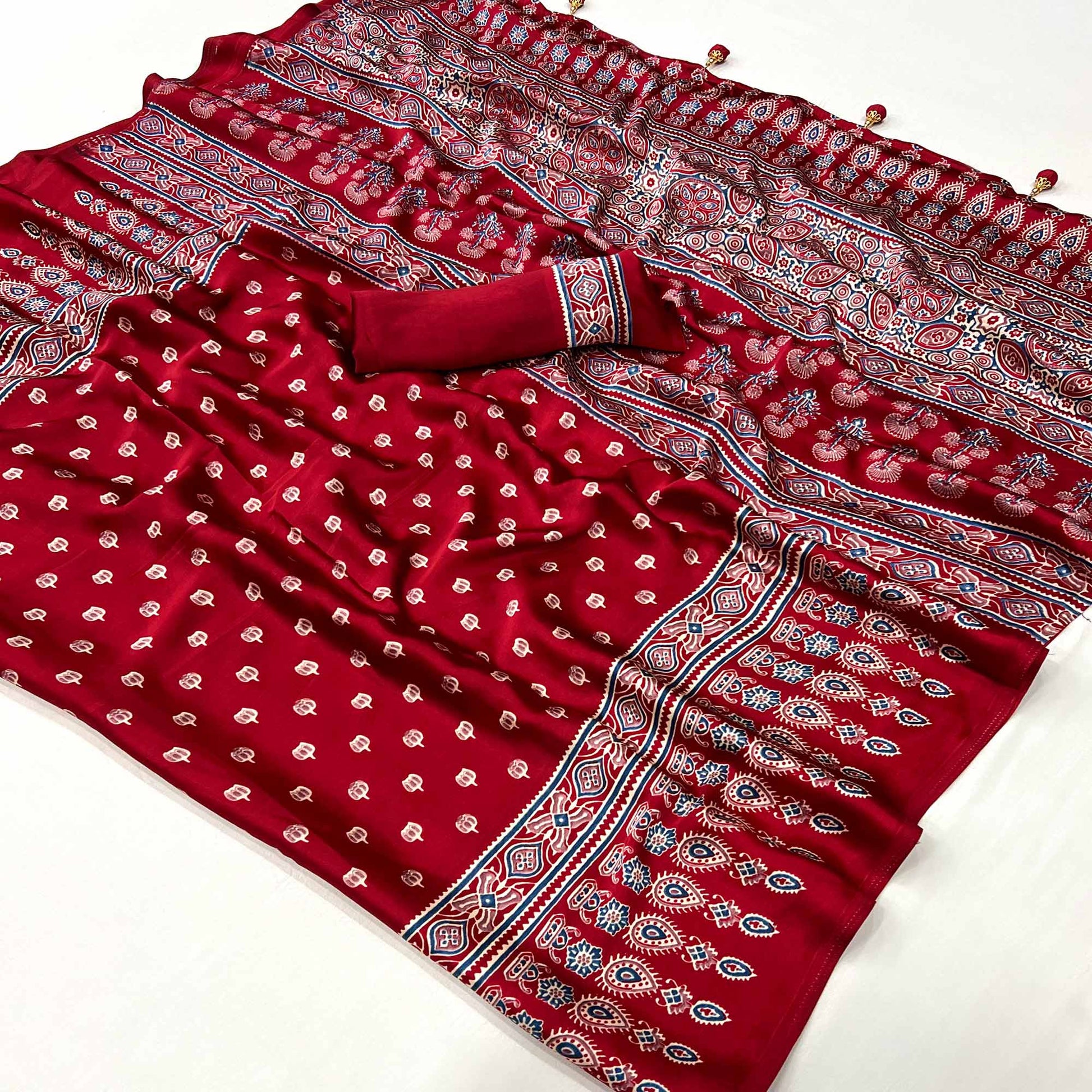 Maroon Ajrakh Printed Satin Saree