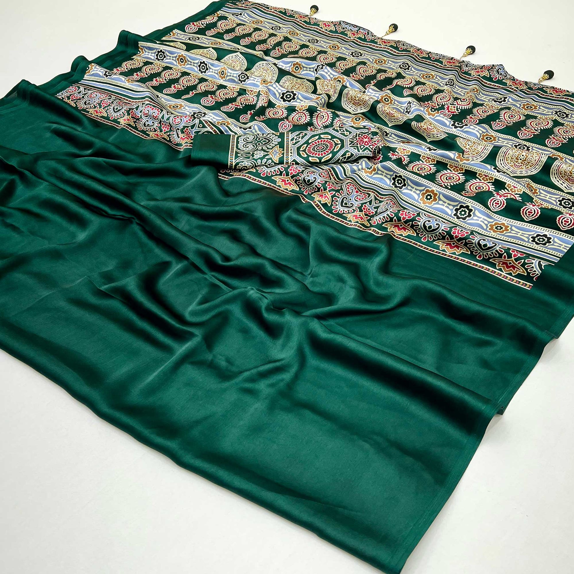 green-ajrakh-printed-crepe-satin-saree-with-tassels