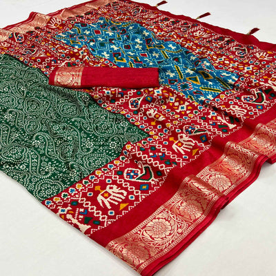 green-red-floral-printed-tussar-silk-saree-with-with-tassels