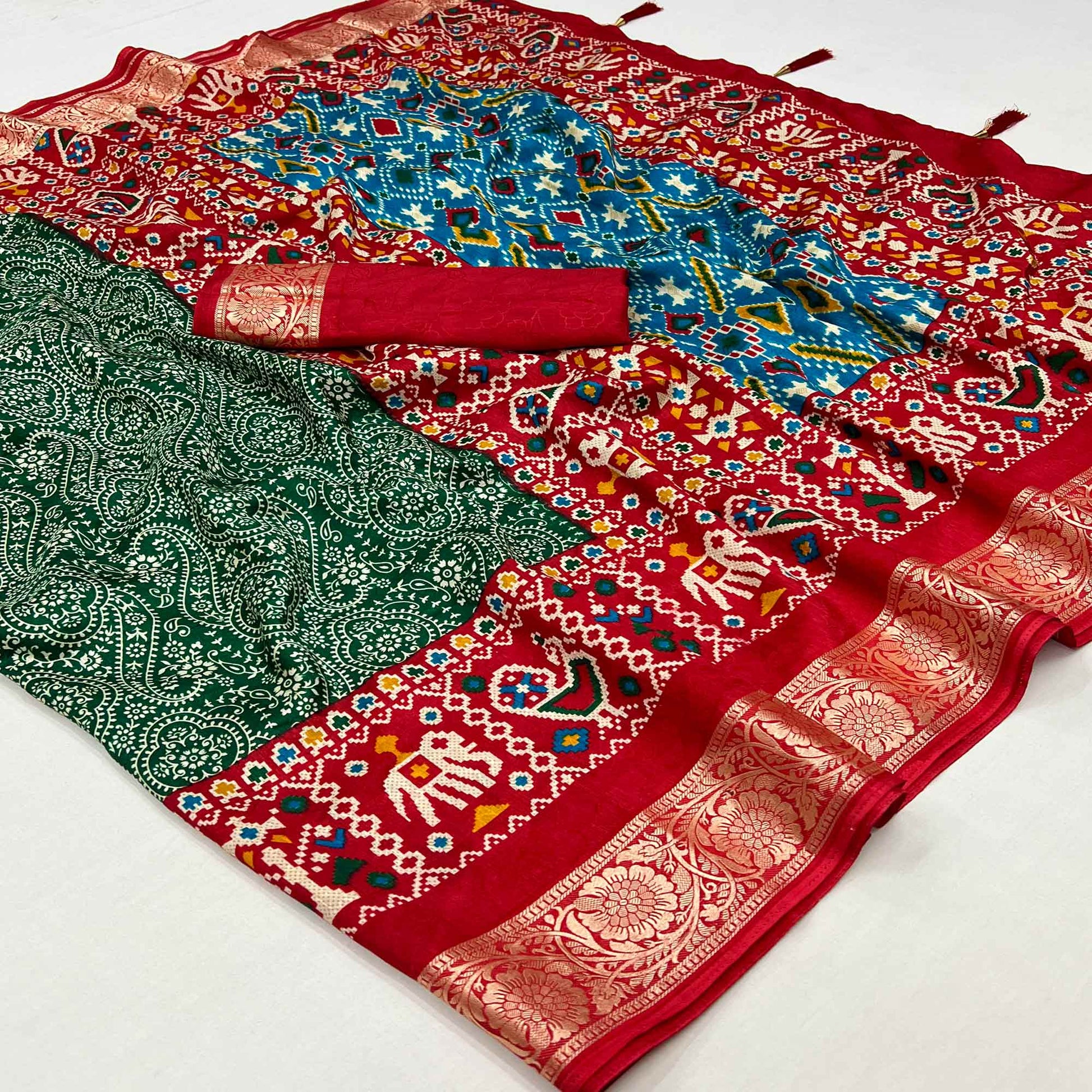 green-red-floral-printed-tussar-silk-saree-with-with-tassels