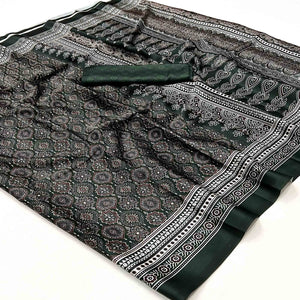 Bottle Green Digital Printed Crepe Saree