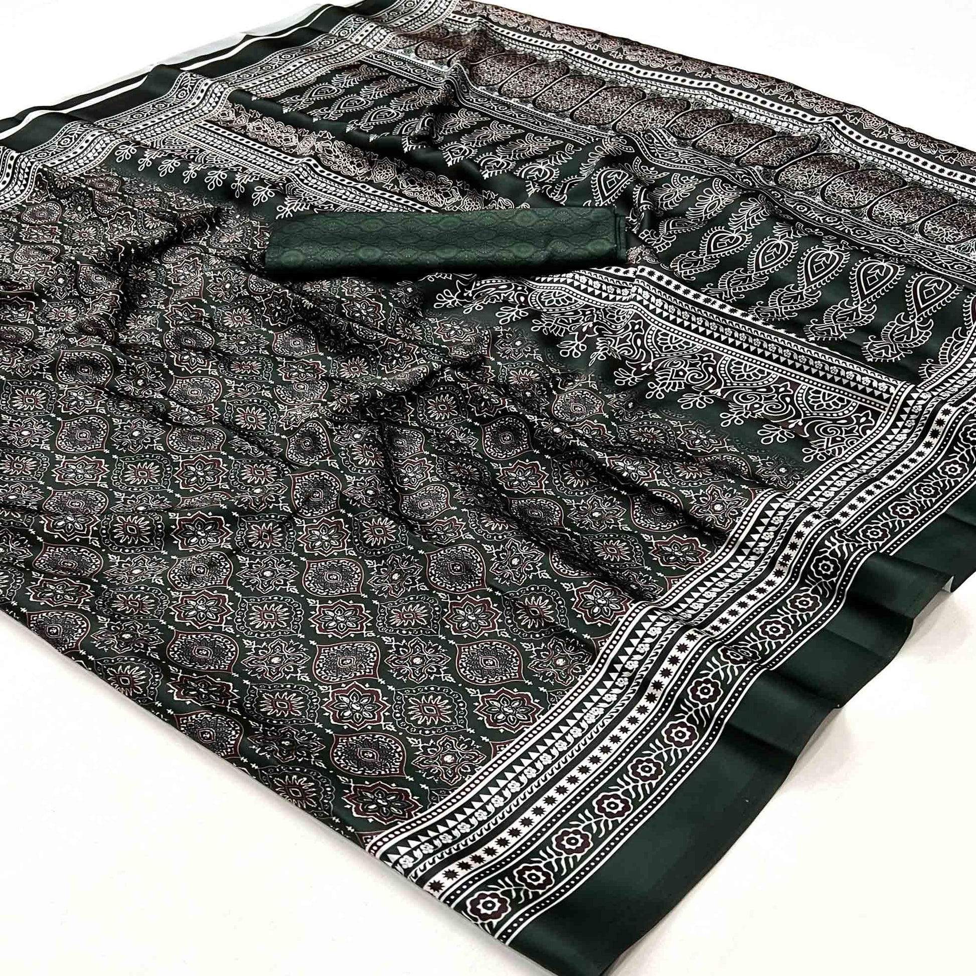 Bottle Green Digital Printed Crepe Saree