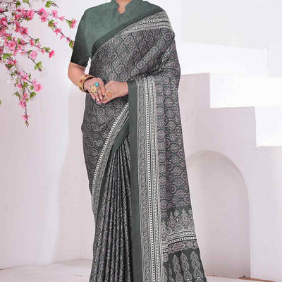 Bottle Green Digital Printed Crepe Saree