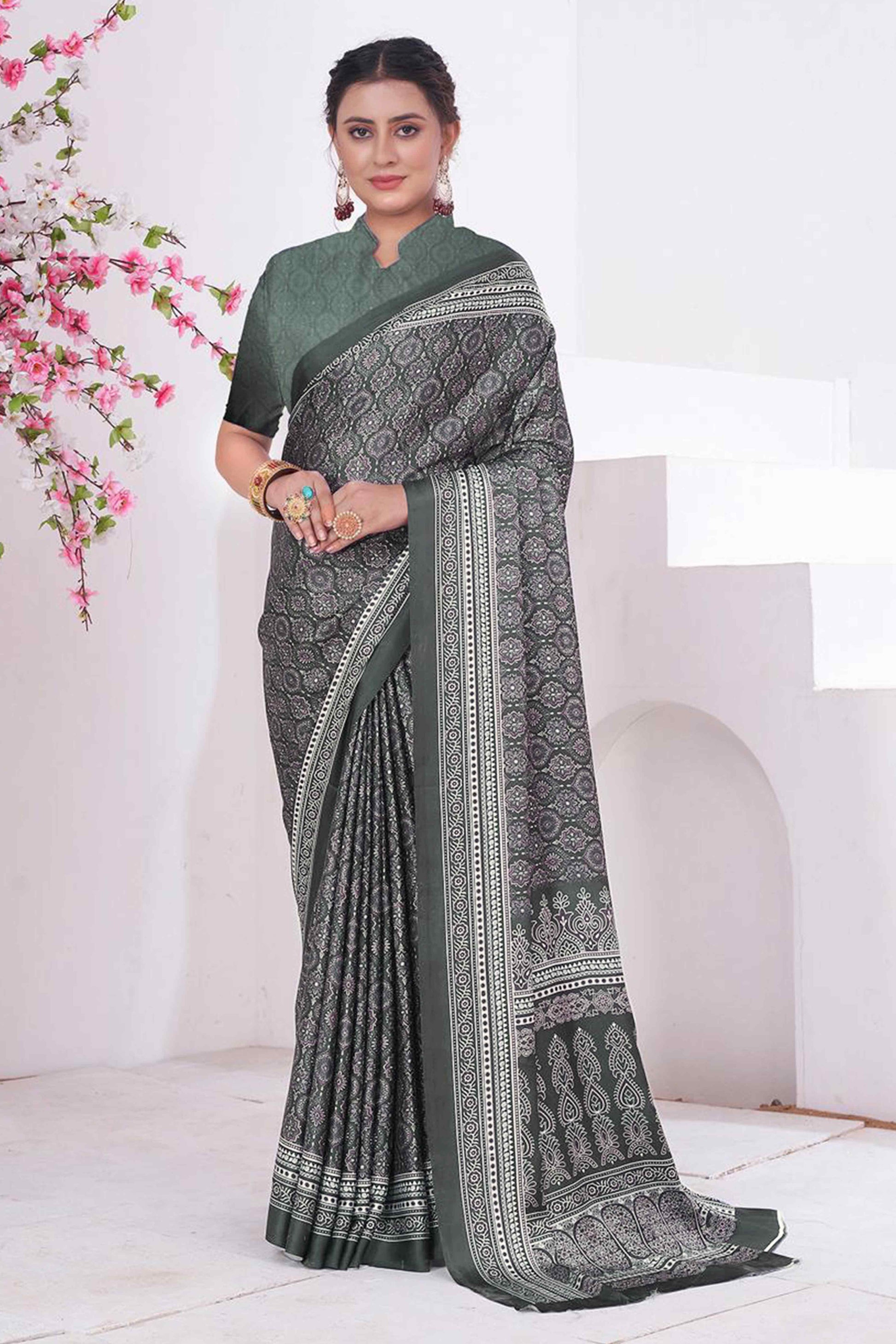 Bottle Green Digital Printed Crepe Saree