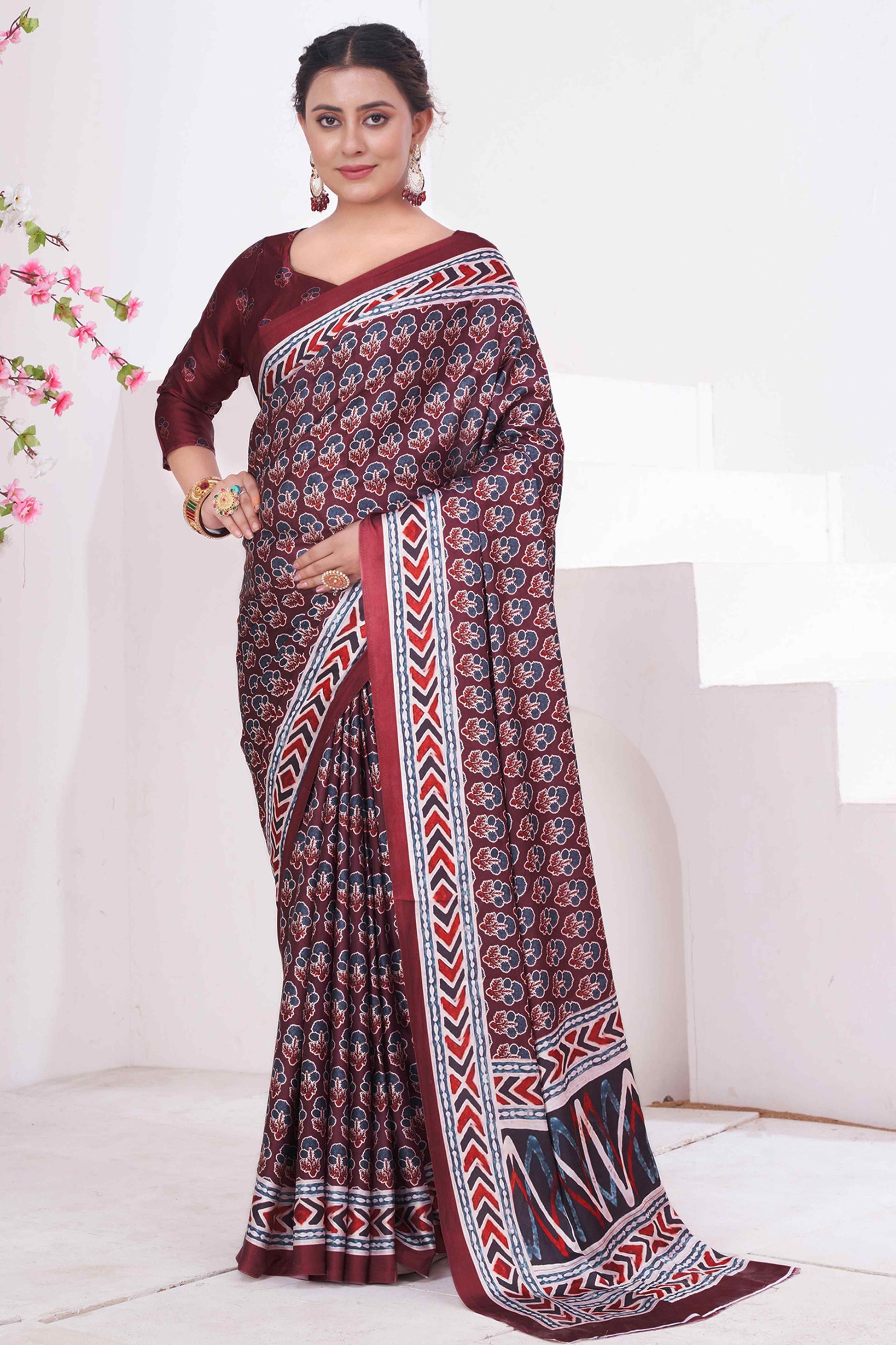 Maroon Digital Printed Crepe Saree