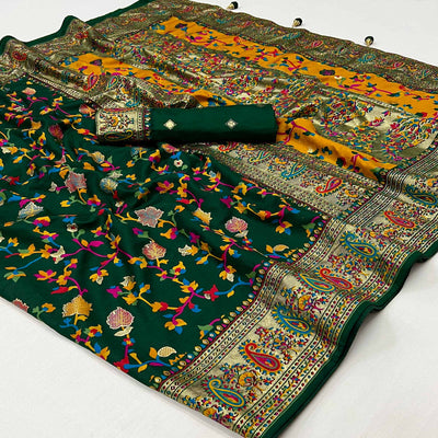 green-floral-foil-printed-tussar-silk-saree