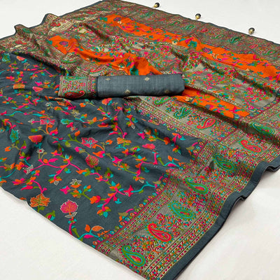 grey-floral-foil-printed-tussar-silk-saree