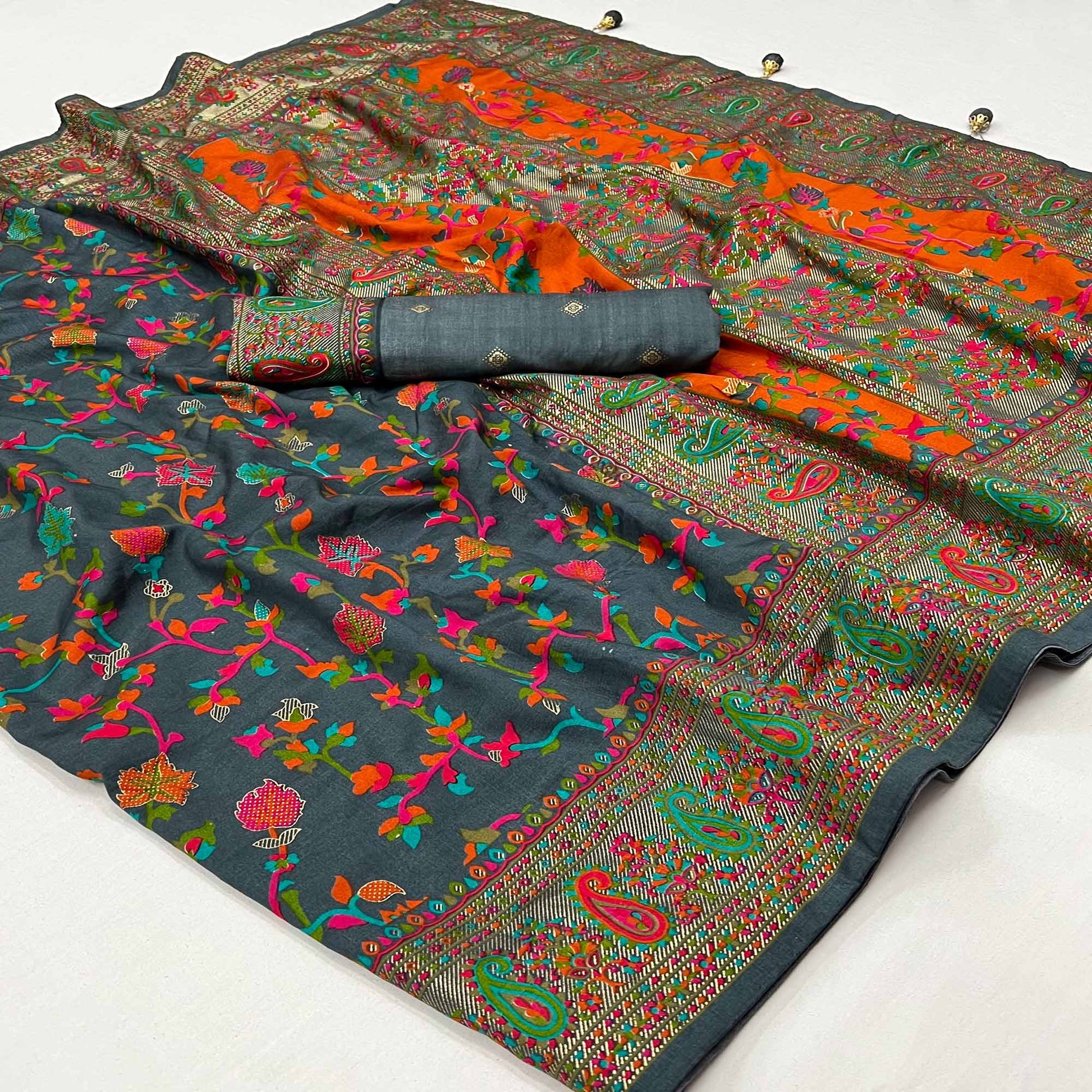 grey-floral-foil-printed-tussar-silk-saree