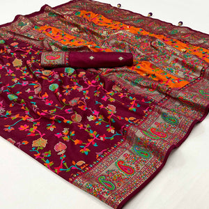 Maroon Floral Foil Printed Tussar Silk Saree