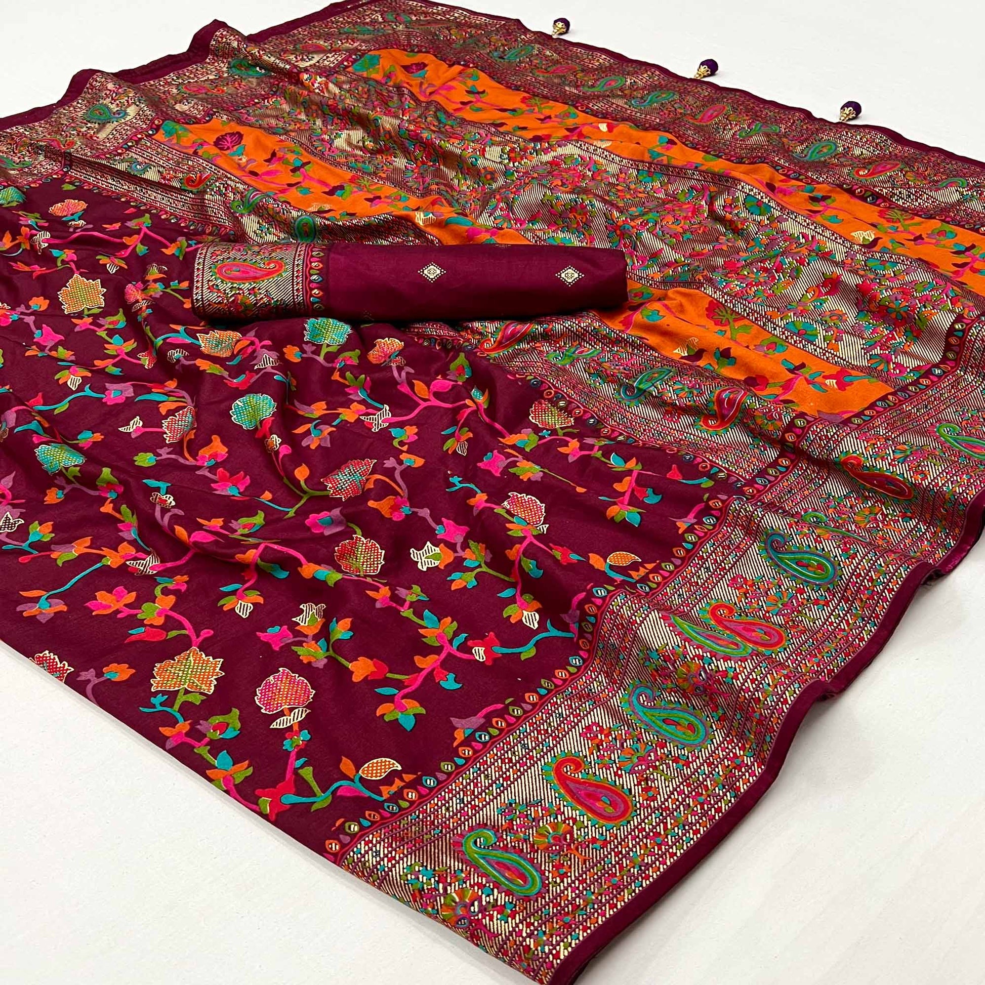 Maroon Floral Foil Printed Tussar Silk Saree
