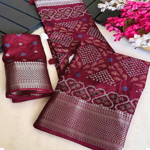 Maroon Ikkat Printed Cotton Silk Saree