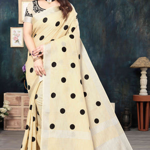 Cream Embroidered Linen Cotton Saree With Zari Border