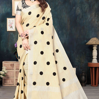 Cream Embroidered Linen Cotton Saree With Zari Border