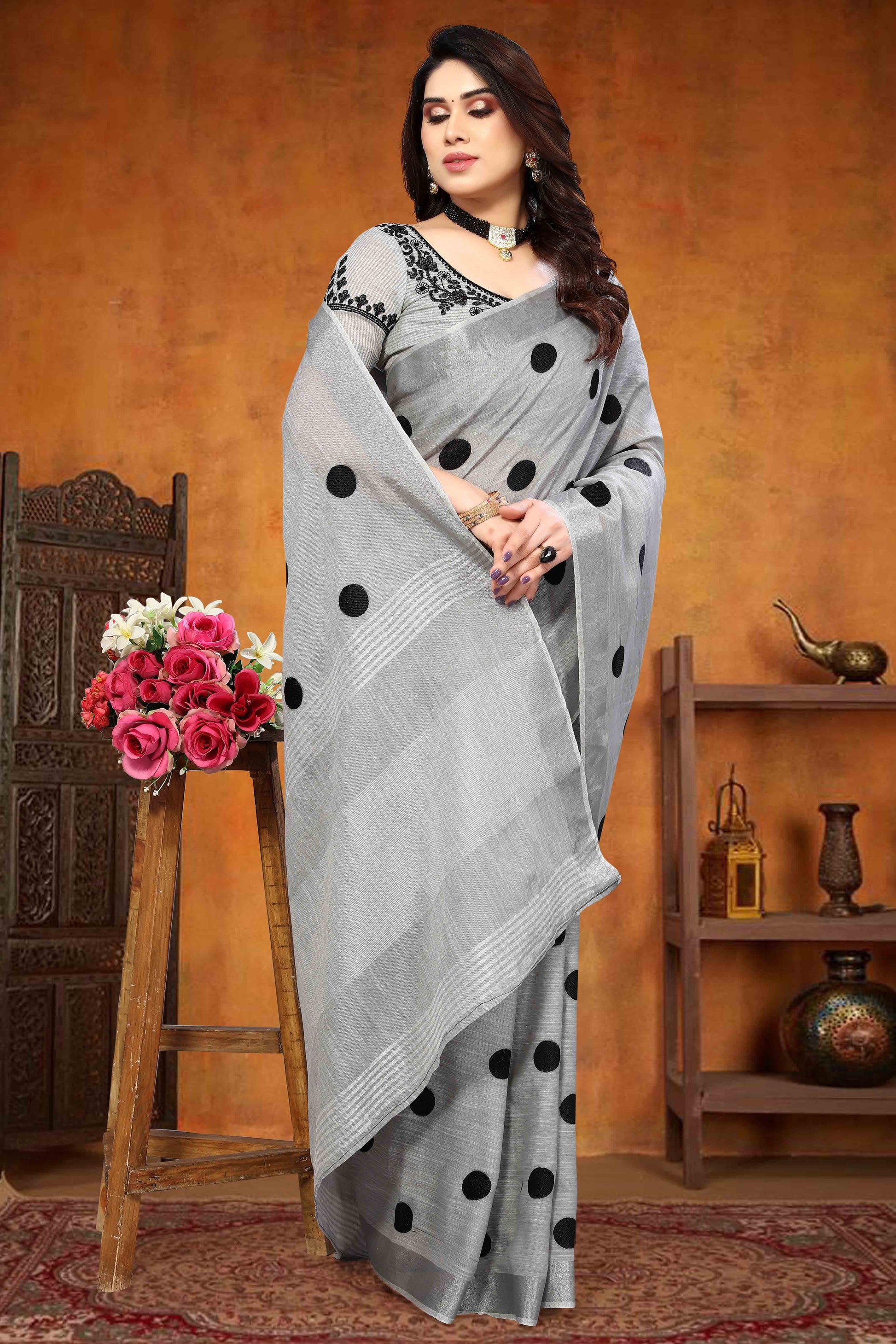 grey-embroidered-linen-cotton-saree-with-zari-border