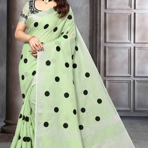 Light Green Embroidered Linen Cotton Saree With Zari Border