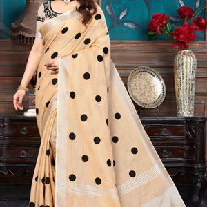 Light Orange Embroidered Linen Cotton Saree With Zari Border