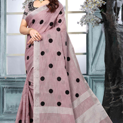 Mauve Embroidered Linen Cotton Saree With Zari Border