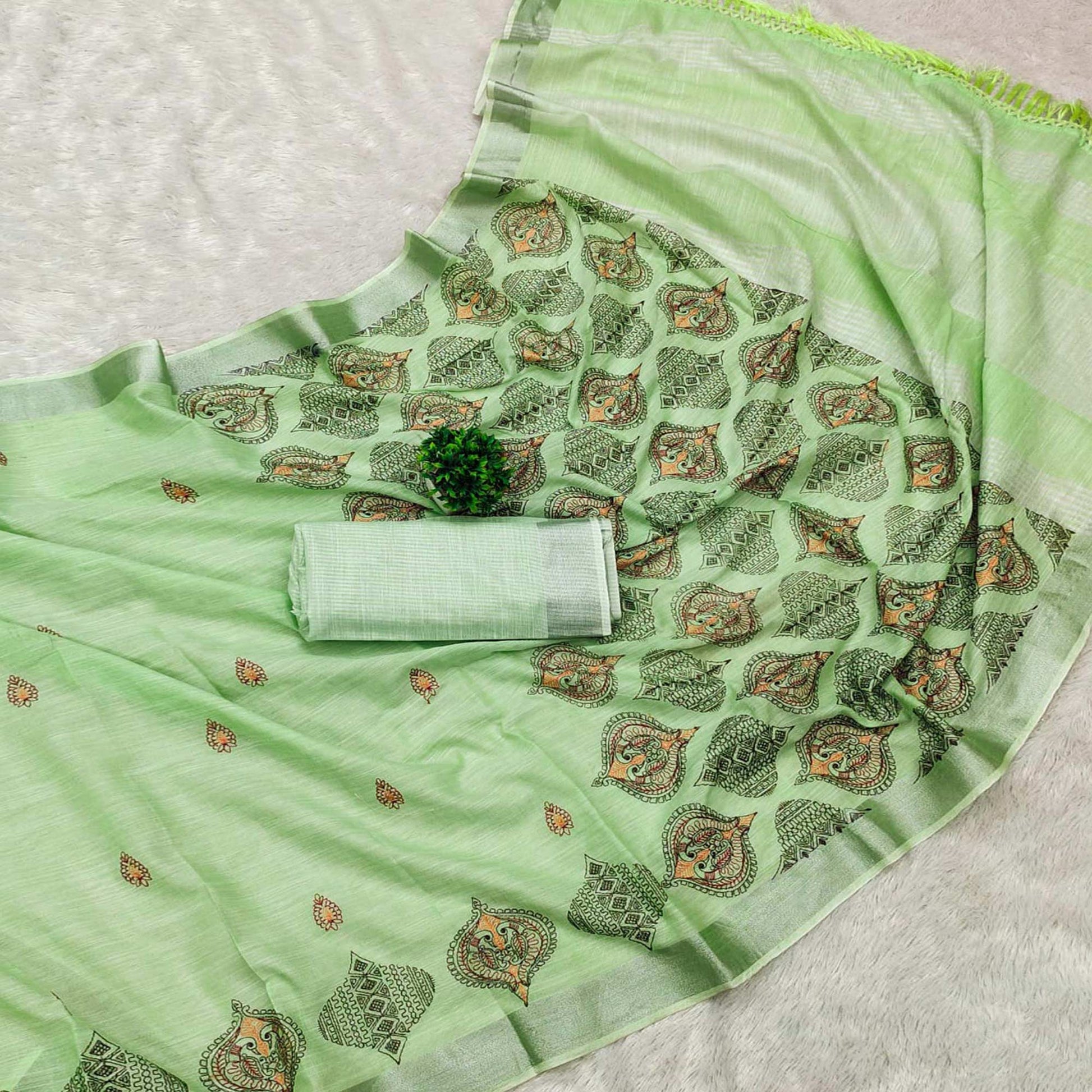 green-embroidered-cotton-silk-saree-with-tassels