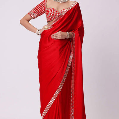 Crimson Red Mirror Embroidered Organza Saree