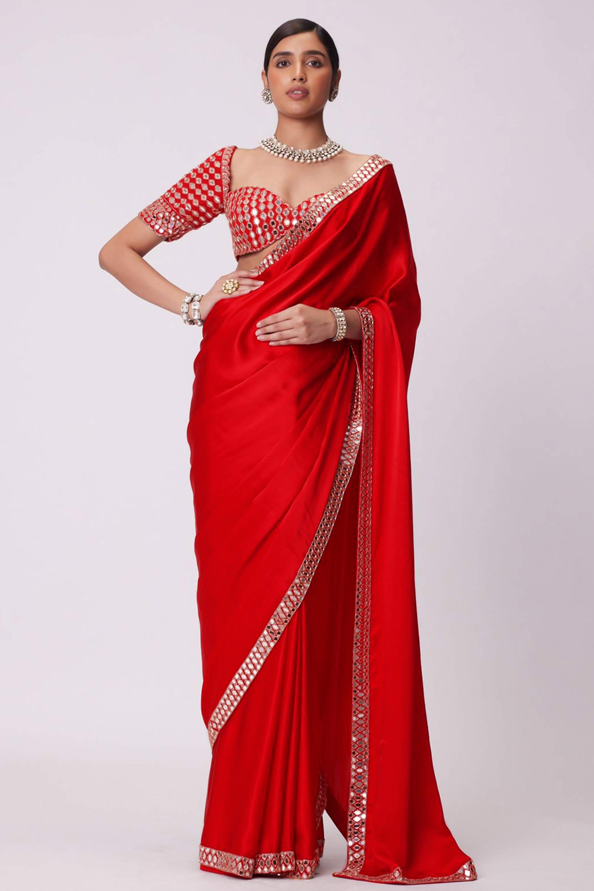 Crimson Red Mirror Embroidered Organza Saree