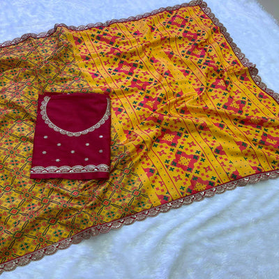 Mustard Printed Patola Tussar Silk Saree