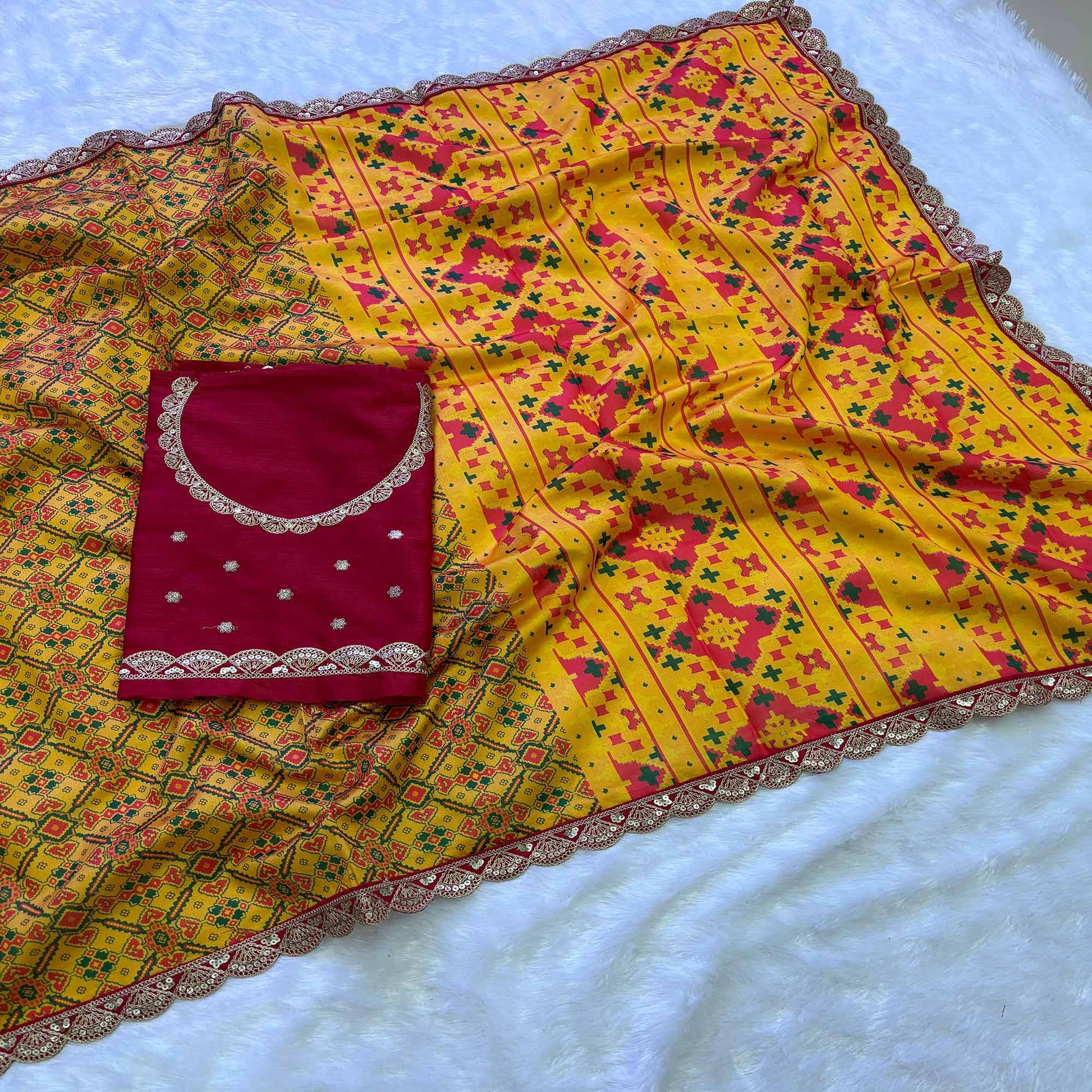 Mustard Printed Patola Tussar Silk Saree