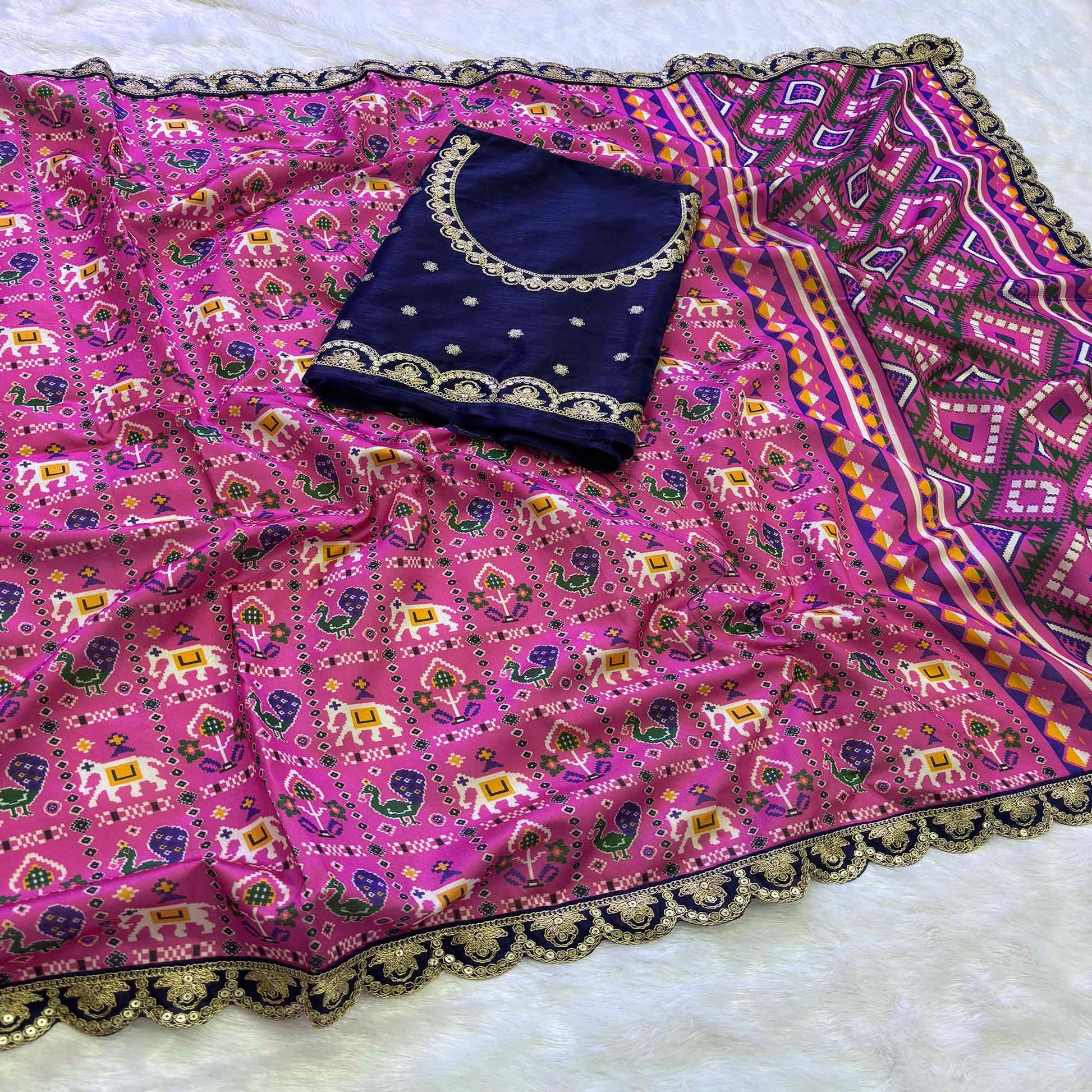 Pink Printed Patola Tussar Silk Saree