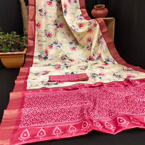 Cream & Pink Floral Digital Printed Dola Silk Saree With Jacquard Border