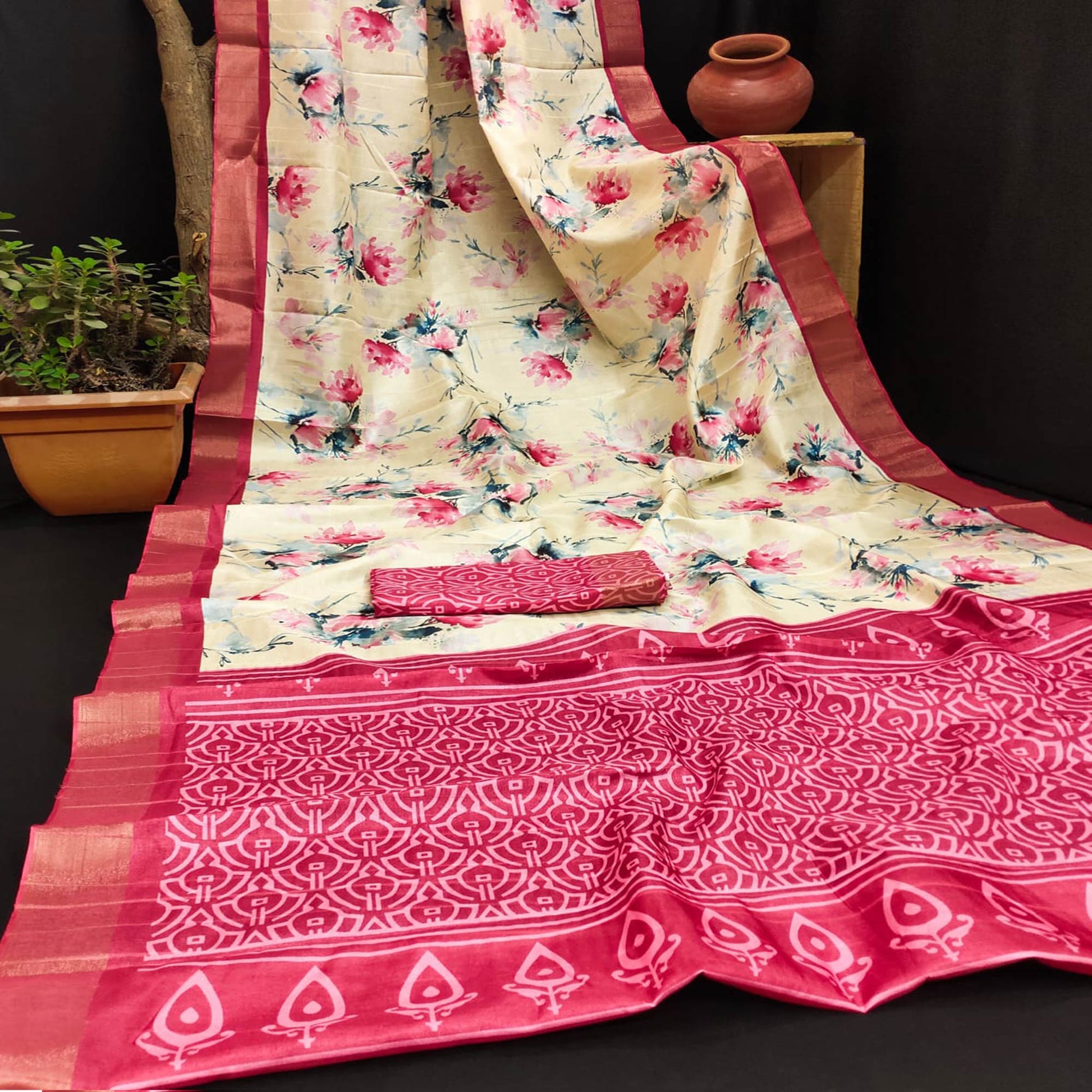 Cream & Pink Floral Digital Printed Dola Silk Saree With Jacquard Border