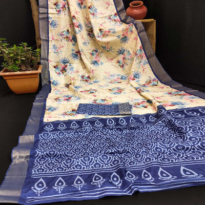Cream & Blue Floral Digital Printed Dola Silk Saree With Jacquard Border