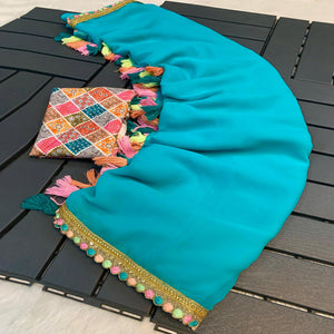 Blue Solid Georgette Saree With Sequins Embroidered Border