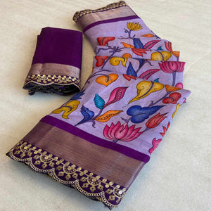 Lavender Floral Printed Dola Silk Saree With Sequins Border